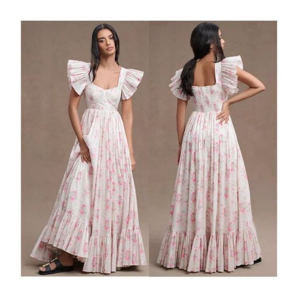 NWT Maison Amory French Chateau Floral Flutter-Sleeve Gown